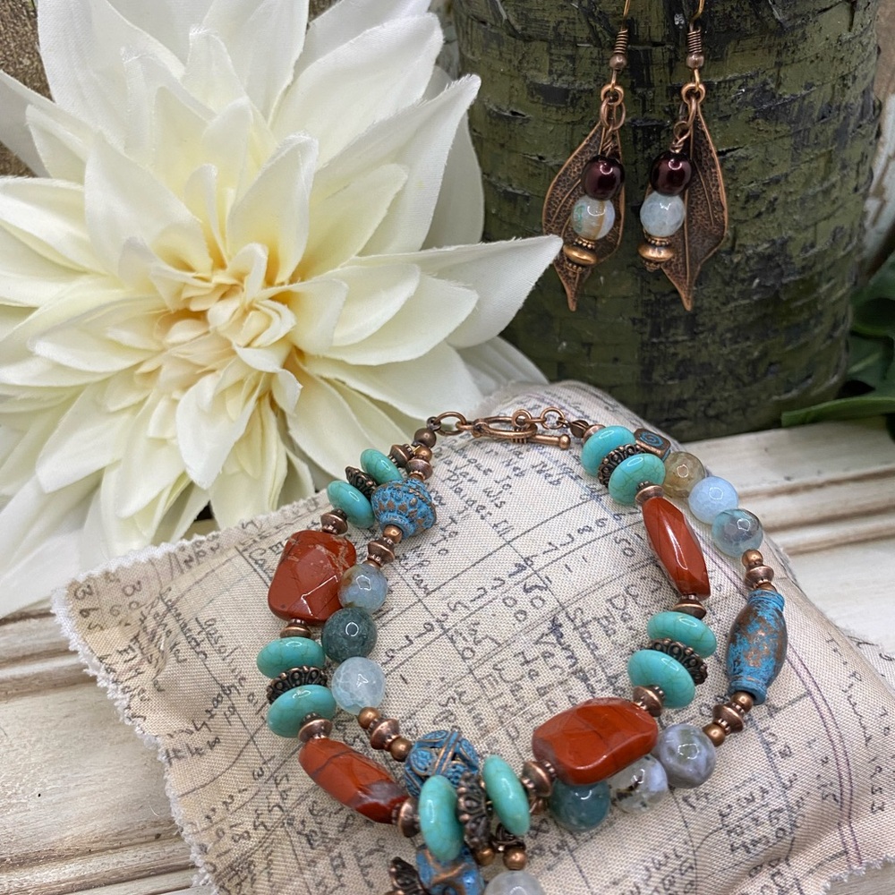 Turquoise, Red Jasper and Copper Beaded Bracelet Copper Leaf Earring Set